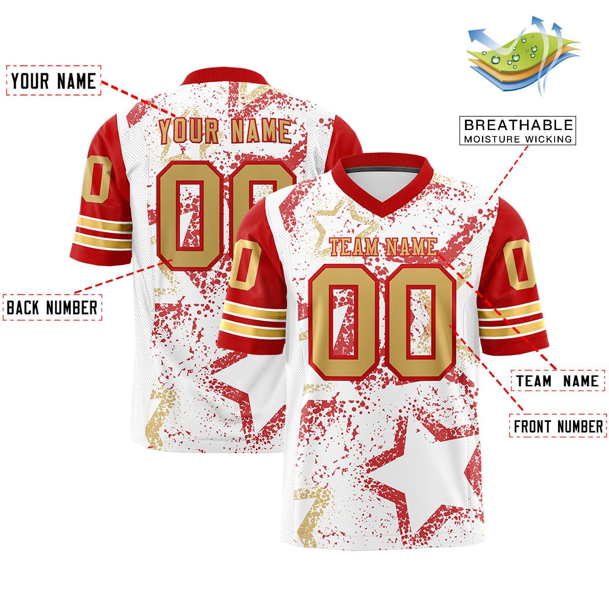 Benutzerdefiniertes, personalisiertes, authentisches Fußballtrikot mit Sternmuster-Design in Weiß, Rot und Altgold