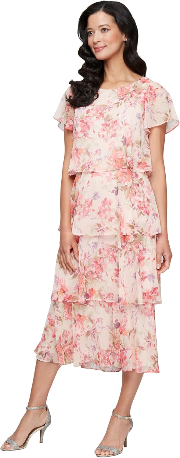 Womens Tiered Midi Wedding Guest, Mother of The Bride Dress with Bead Embellishment
