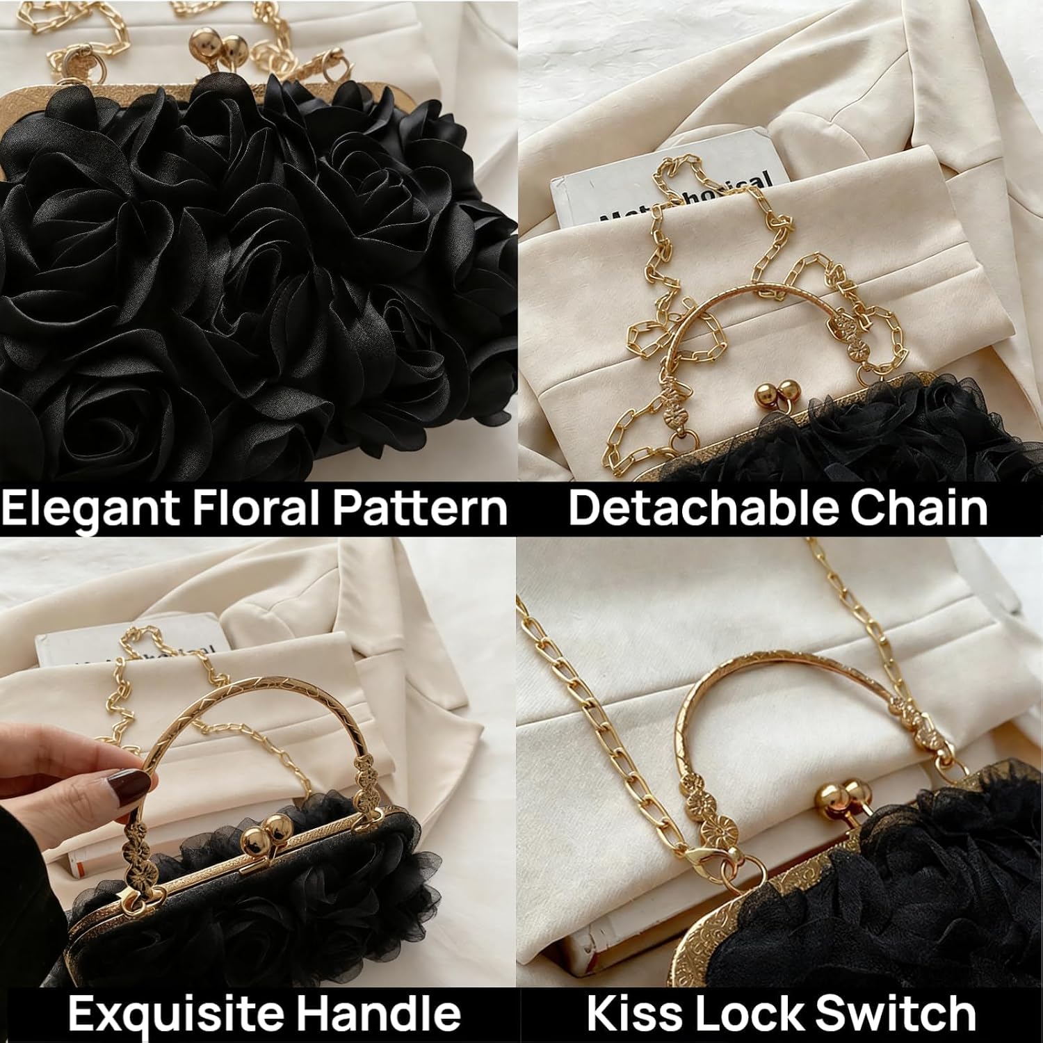 Women's Black Floral Kiss Lock Clutch with Gold Chain