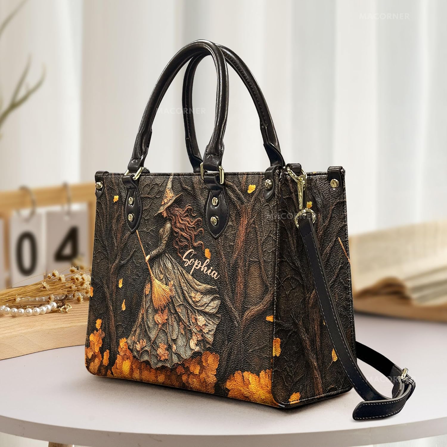 Spooky Witch Art Print - Personalized Leather Bag Custom Gothic Halloween Handbag Aesthetic Purse For Women Teen Girls Crossbody Tote Wiccan Pagan Magick Accessories