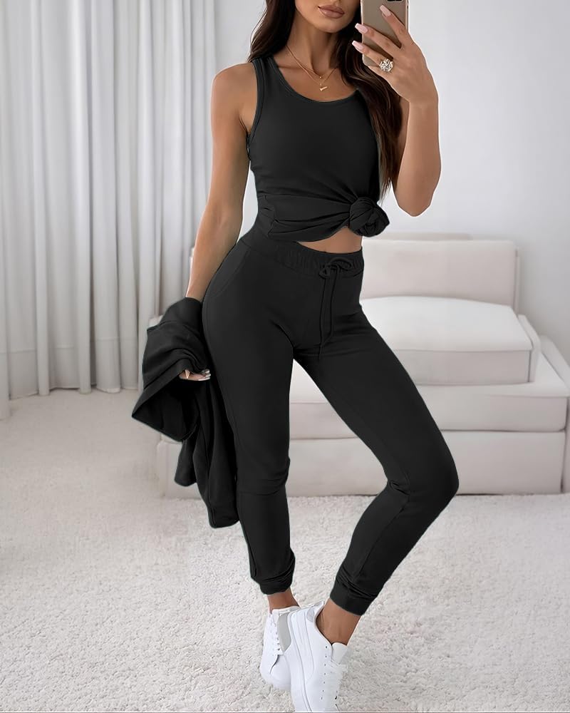 Women's 3 Piece Sweatsuit Ribbed Lounge Set Black
