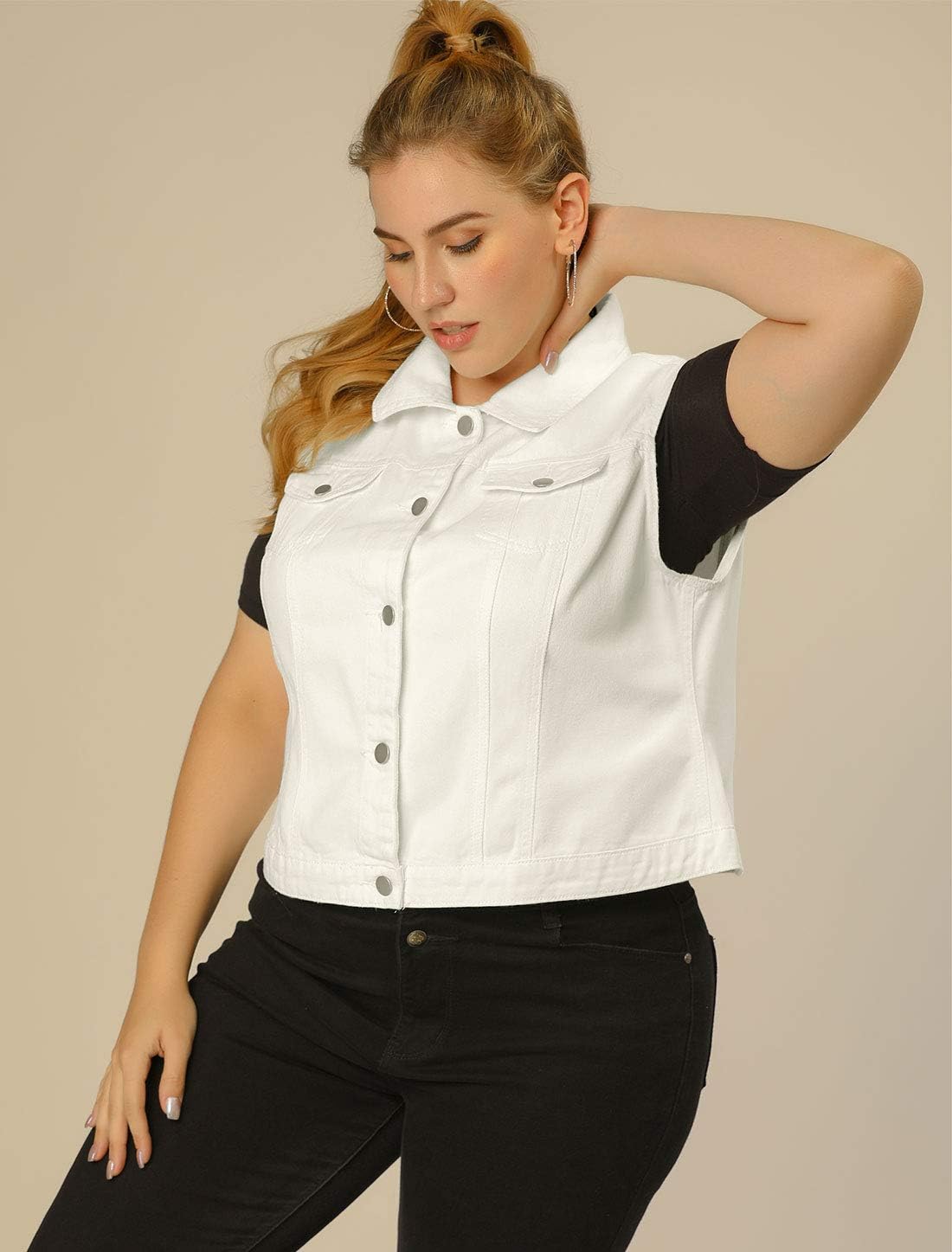Women's White Denim Vest Button Down Chest Flap Pockets
