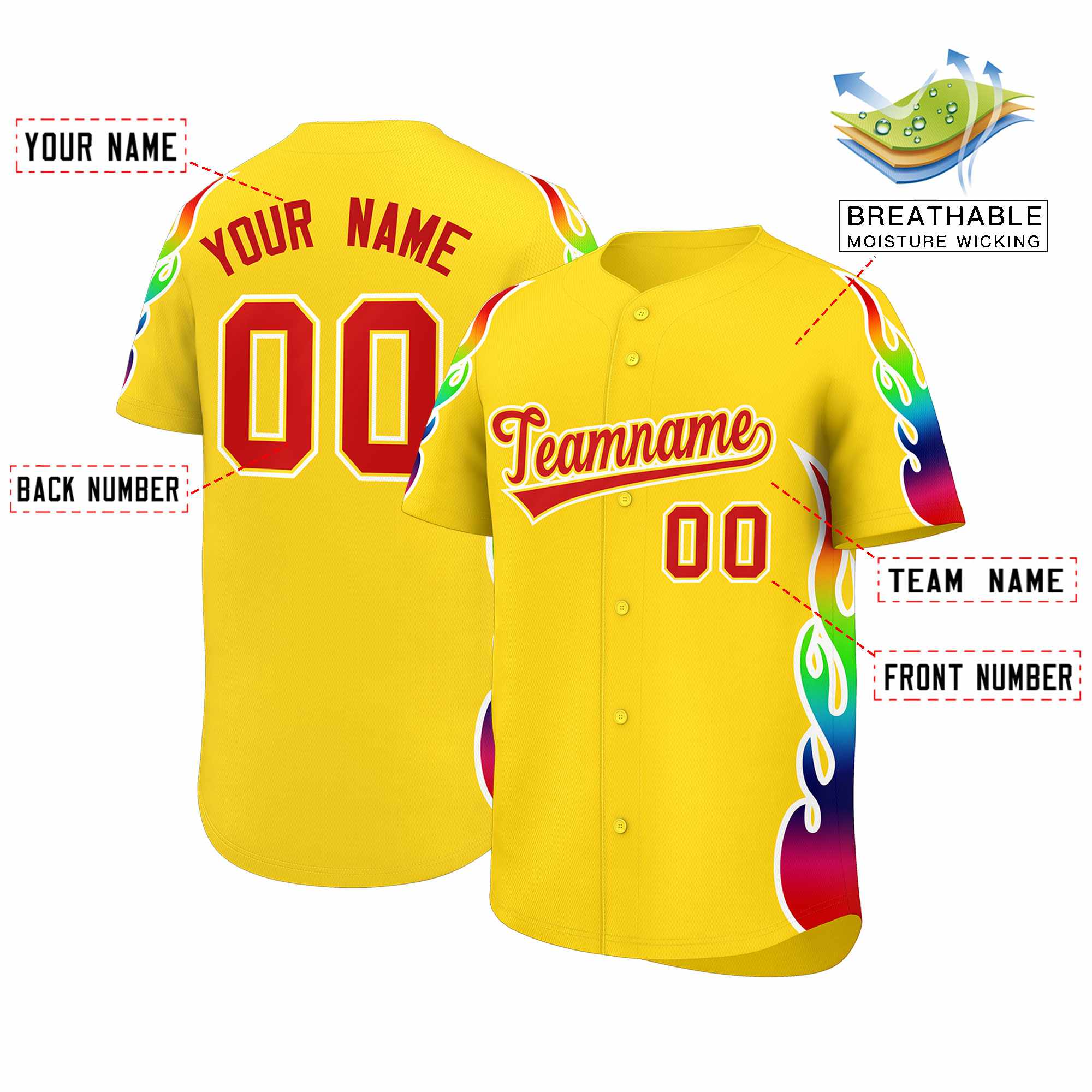 Benutzerdefiniertes Graffiti-Muster, personalisierter mehrfarbiger Flammendruck, authentisches Baseball-Trikot