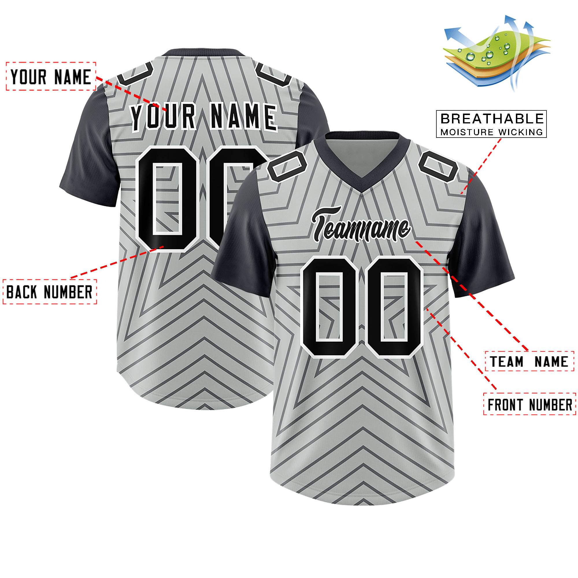 Individuell personalisiertes, authentisches Fußballtrikot mit Raglanärmeln und Sternenmuster