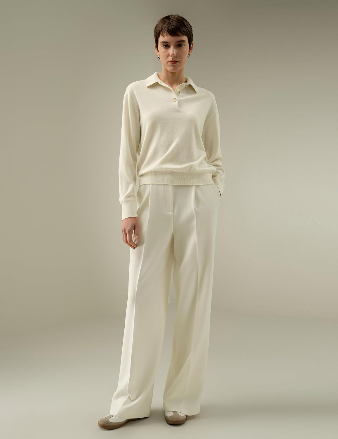 Women's Cream Long Sleeve Knit Polo Sweater