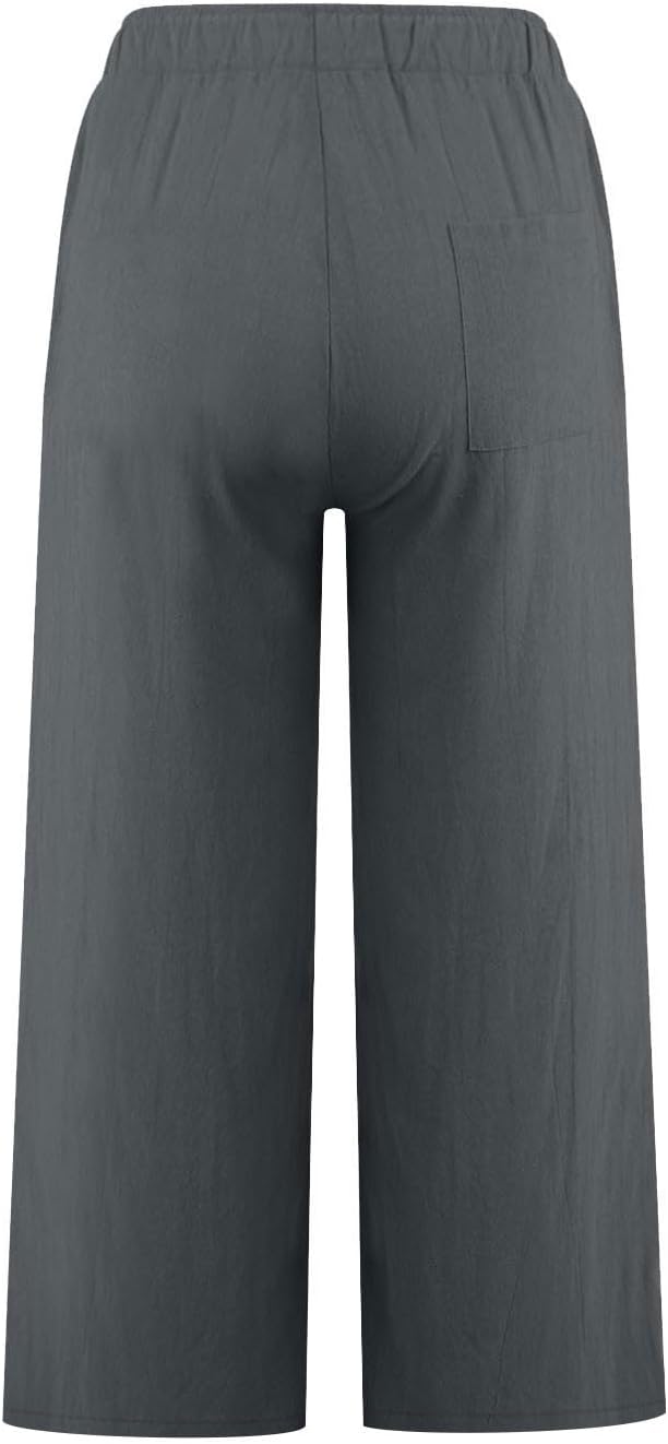 Cropped Linen Pants Women Casual High Waisted Wide Leg Lounge Pant Lightweight Cotton Capris with Pockets