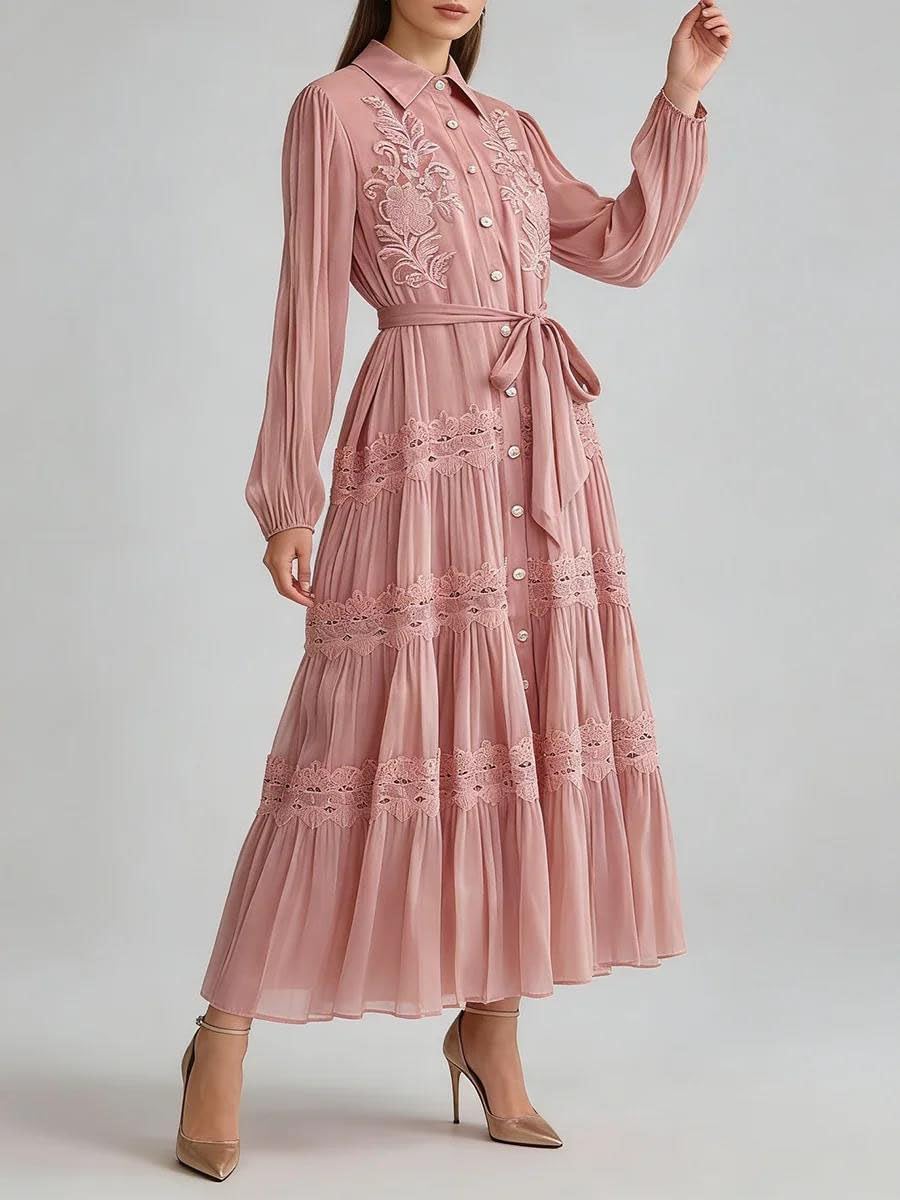 Women's Floral Embroidered Maxi Dress Lapel Long Sleeve Pink