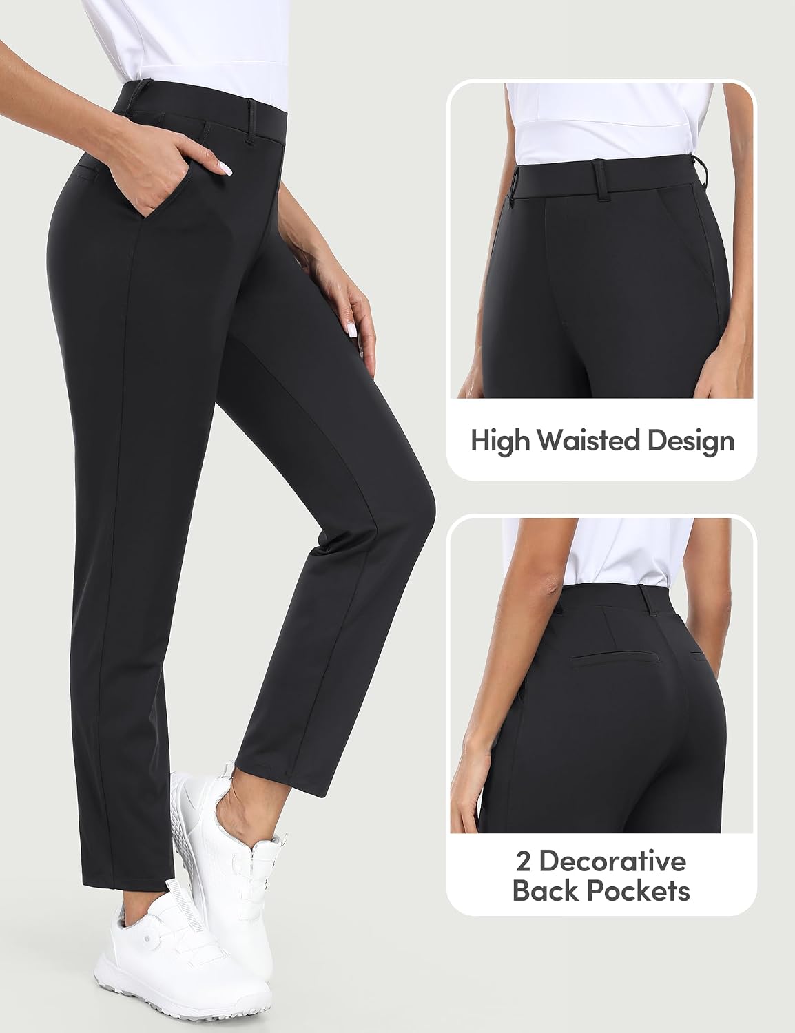 Women's Stretch Ankle Golf Pants High Waisted 7/8 Black