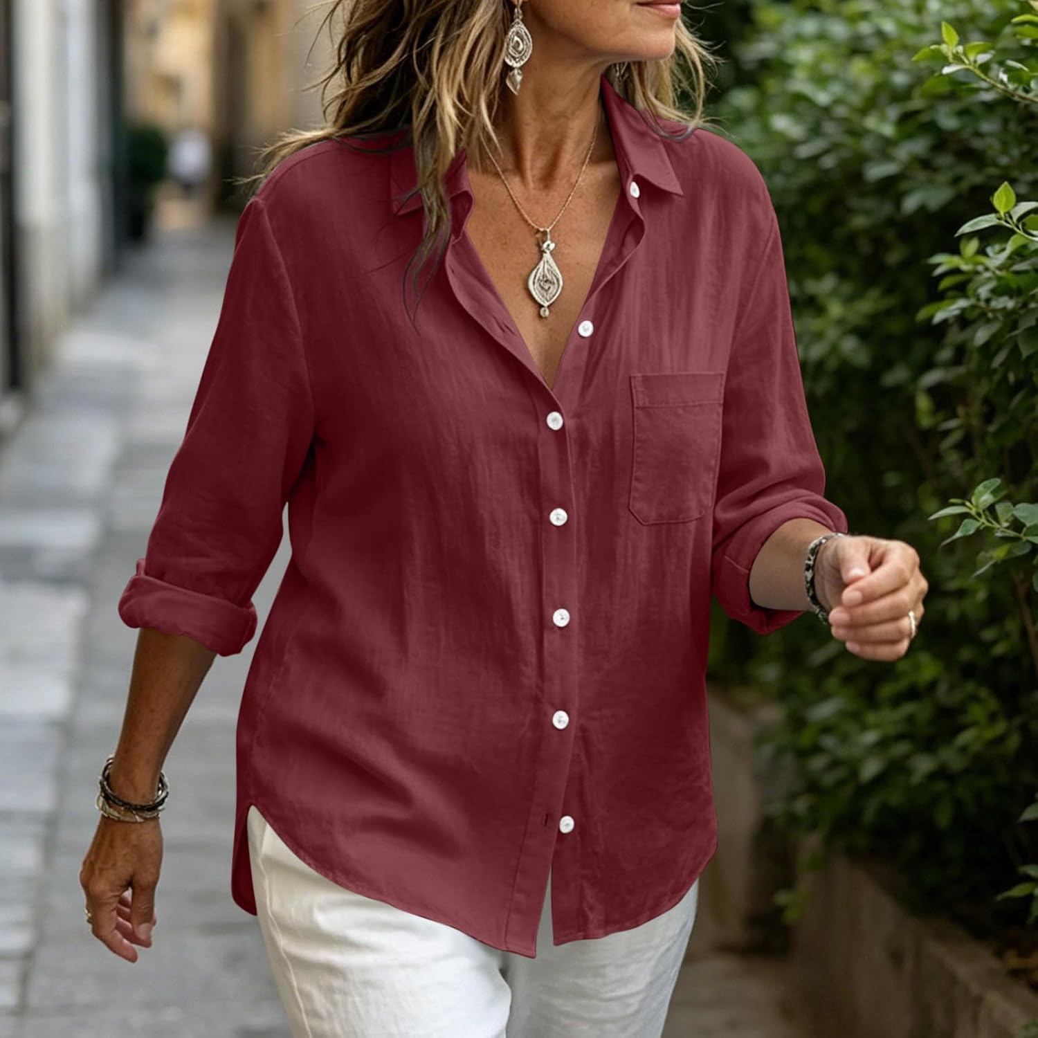 Womens Button Down Dress Shirts Fall Cotton Linen Textured Shirt Jacket Long Sleeve Collared Work Tops with Pocket