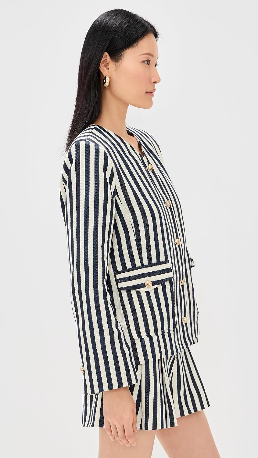 Women's Striped Gold Button Collarless Jacket Navy