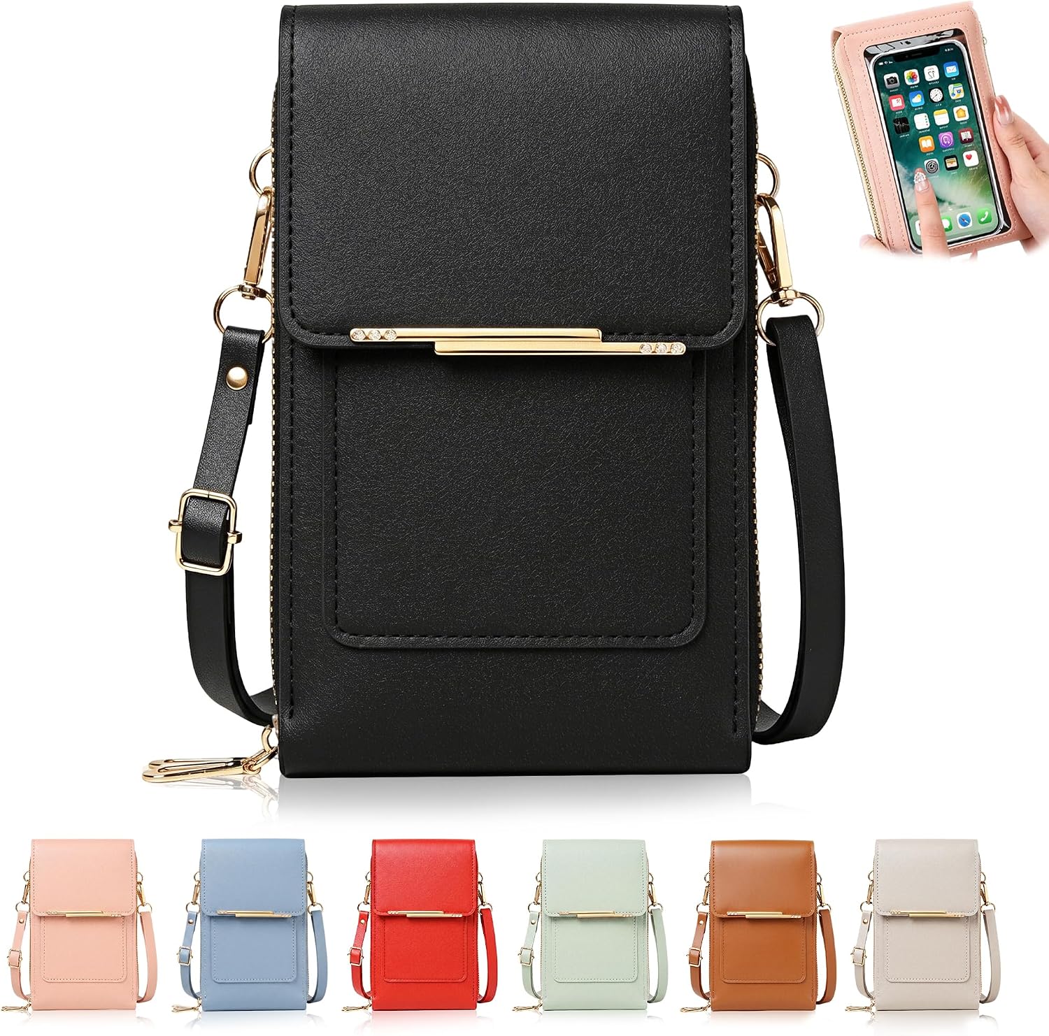 Women's PU Leather Phone Crossbody Bag Touchscreen Purse Black