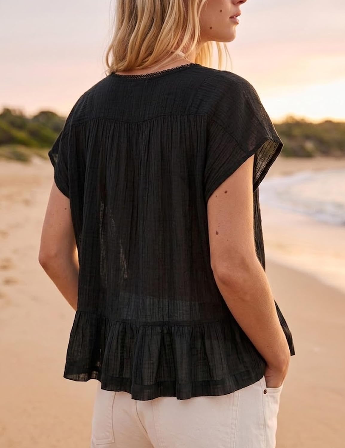 Women's Semi Sheer Blouse Square Neck Lace Trim Black Women's Semi Sheer Blouse Square Neck Lace Trim Black