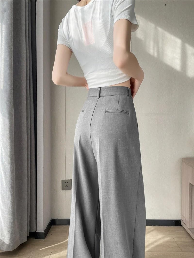 Women's Elegant Straight Trousers Button Wide Leg Pants with Pockets Spring Summer