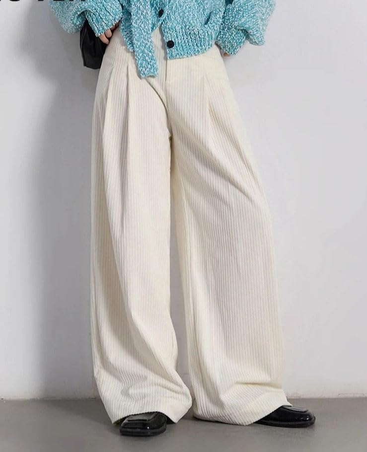 Women's Pants Retro Pleated Corduroy High Waisted Straight Leg Ladies Trousers Autumn Winter