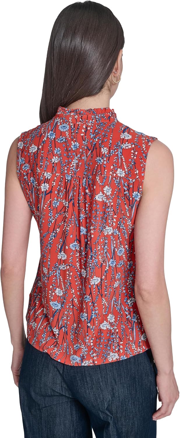 Women's Floral Print Sleeveless Button Up Shirt, Red