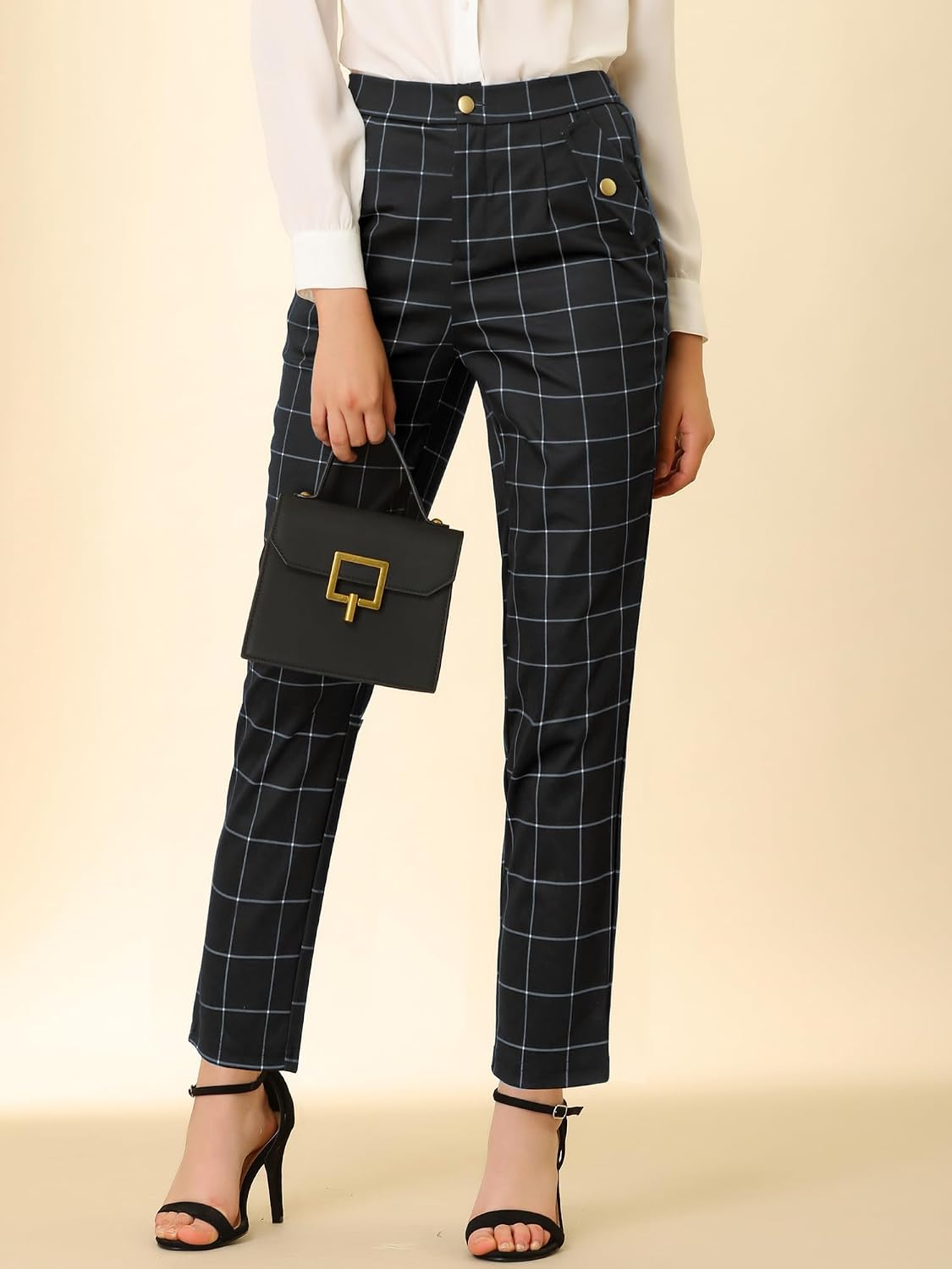 Women's Vintage Tartan Plaid Pants Elastic Waist Straight Long Trousers