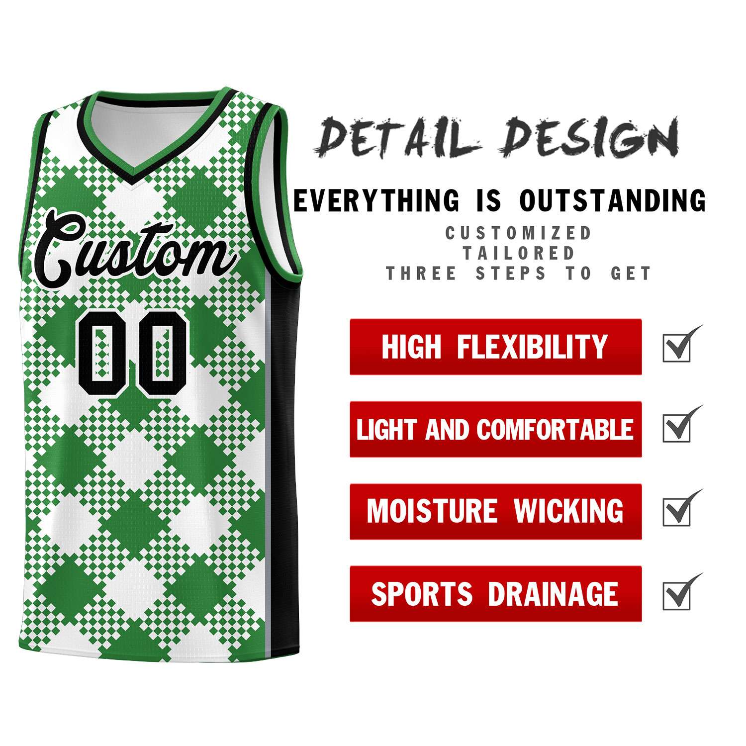 Benutzerdefinierte weiße Kelly Green-Gray Grid-Basketball-Kits für das Team
