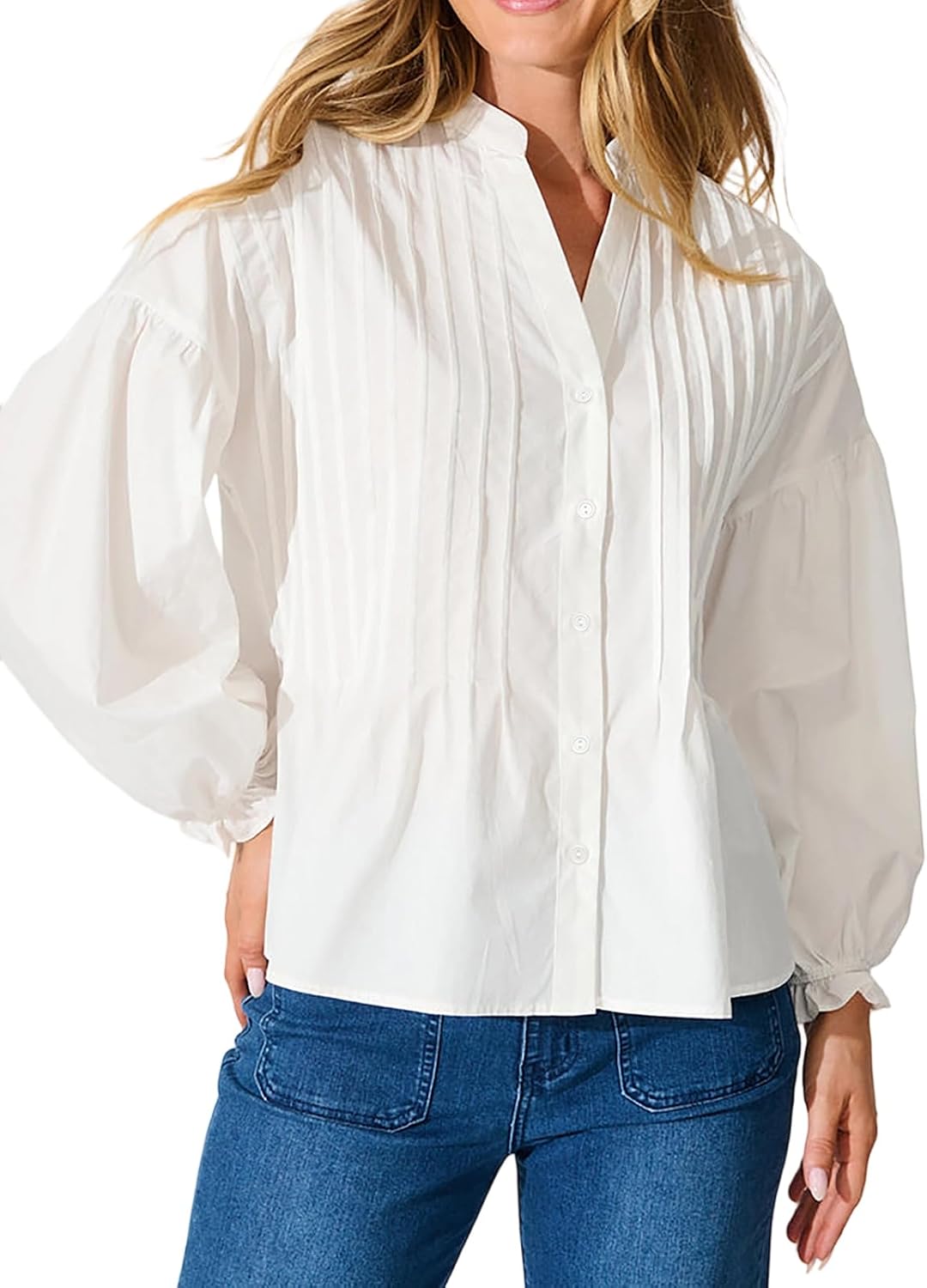 Women's Button Down Shirts Mandarin Collar V Neck Long Sleeve Blouse Pleated Shirt