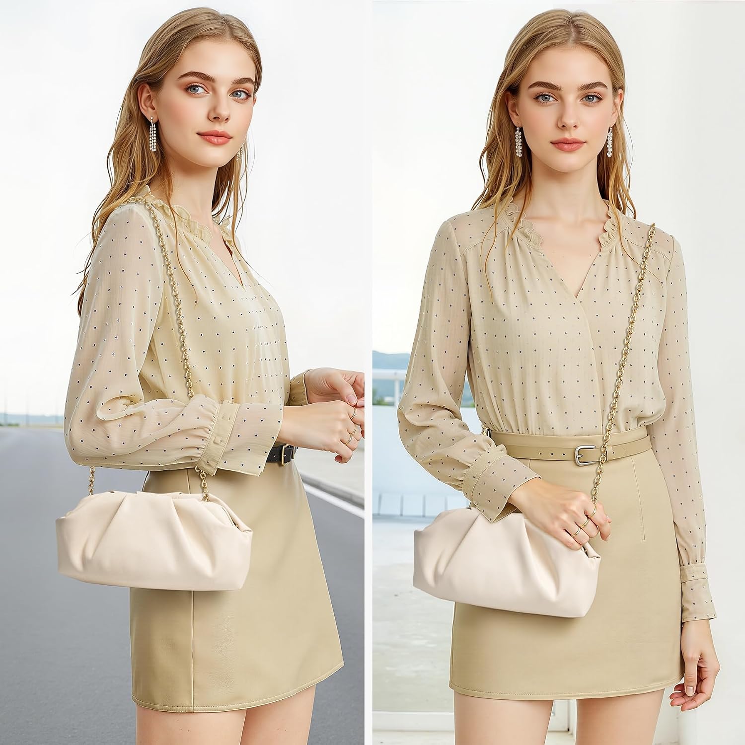 Women's Ruched Cloud Clutch Purse with Detachable Gold Chain
