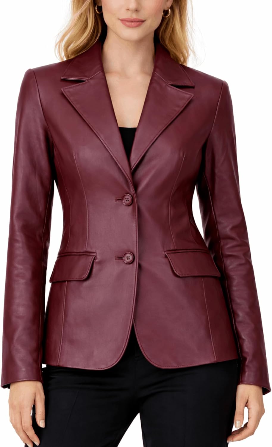 Women's Leather Two Button Blazer Burgundy