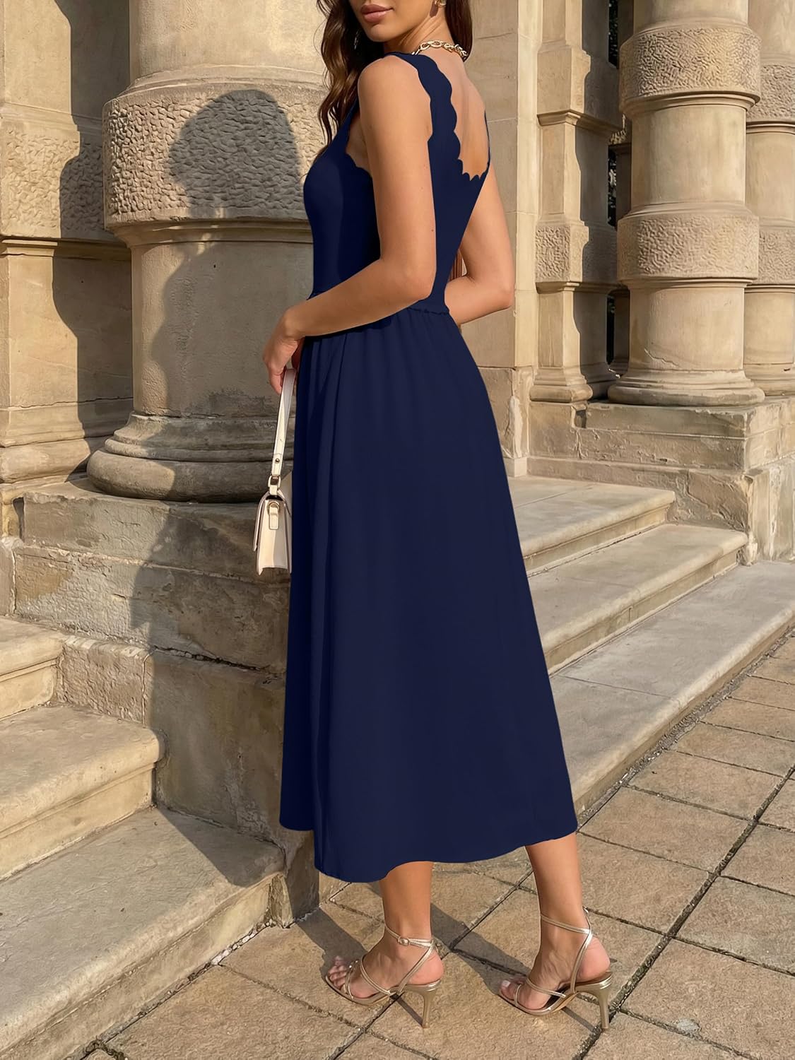 Women's Scalloped Neck Midi Dress Sleeveless Navy with Pockets Women's Scalloped Neck Midi Dress Sleeveless Navy with Pockets