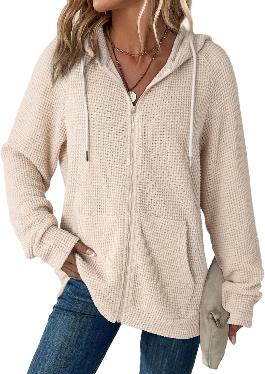 Women's Full Zip Up Hoodies Waffle Knit Long Sleeve Drawstring Casual Sweatshirt Hooded Tops
