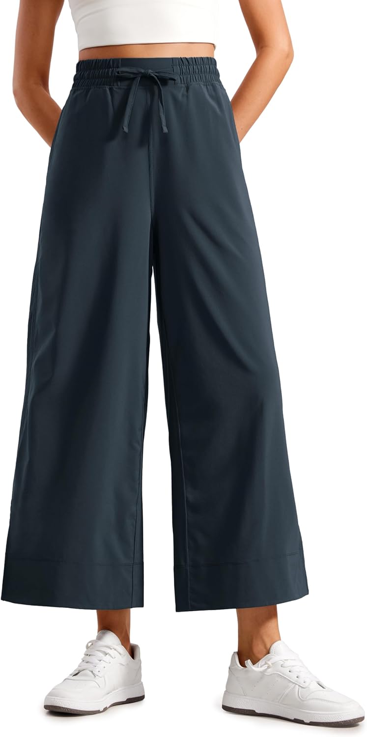 Women's Lightweight Wide Leg Crop Pants Drawstring Navy