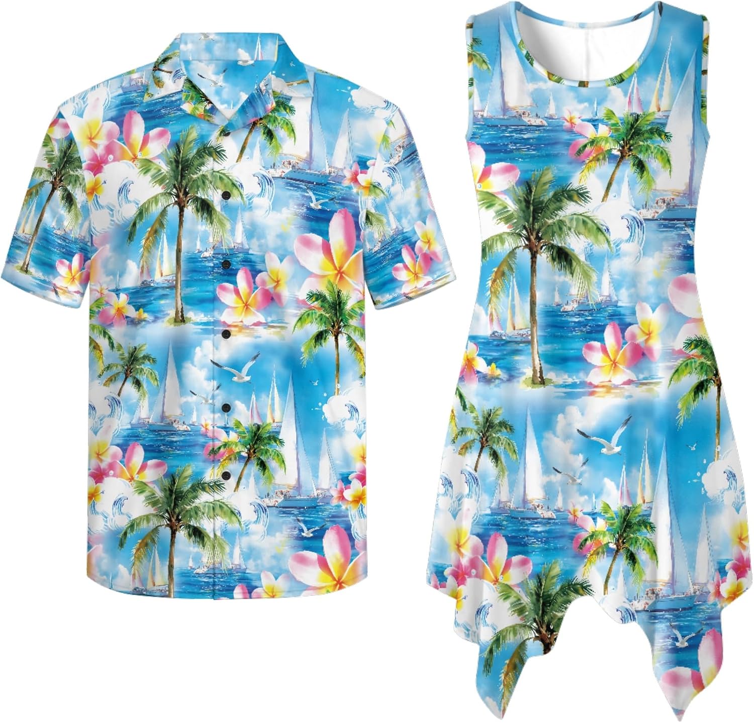 Couples Matching Tropical Print Tank Mini Dress and Shirt