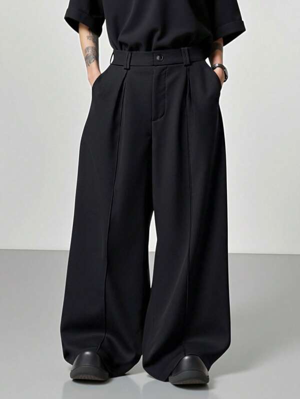 Lockere Herrenhose mit weitem Bein, reiner schwarzer Webstoff, schafft einen alltäglichen modernen Stil, Hose mit weitem Bein, lockere schwarze Hose, übergroße Hose, lockere Hose, schwarze Bundfaltenhose, Herbsthose mit weitem Bein