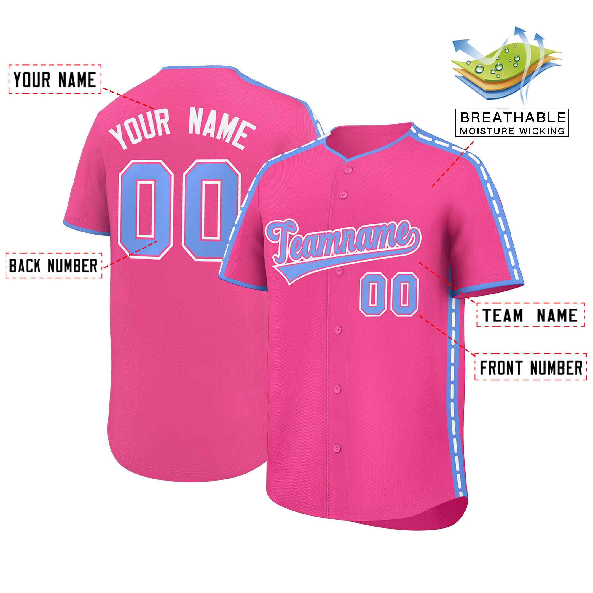 Authentisches Baseball-Trikot mit individuellem Farbblock, personalisierter seitlicher gepunkteter Linie