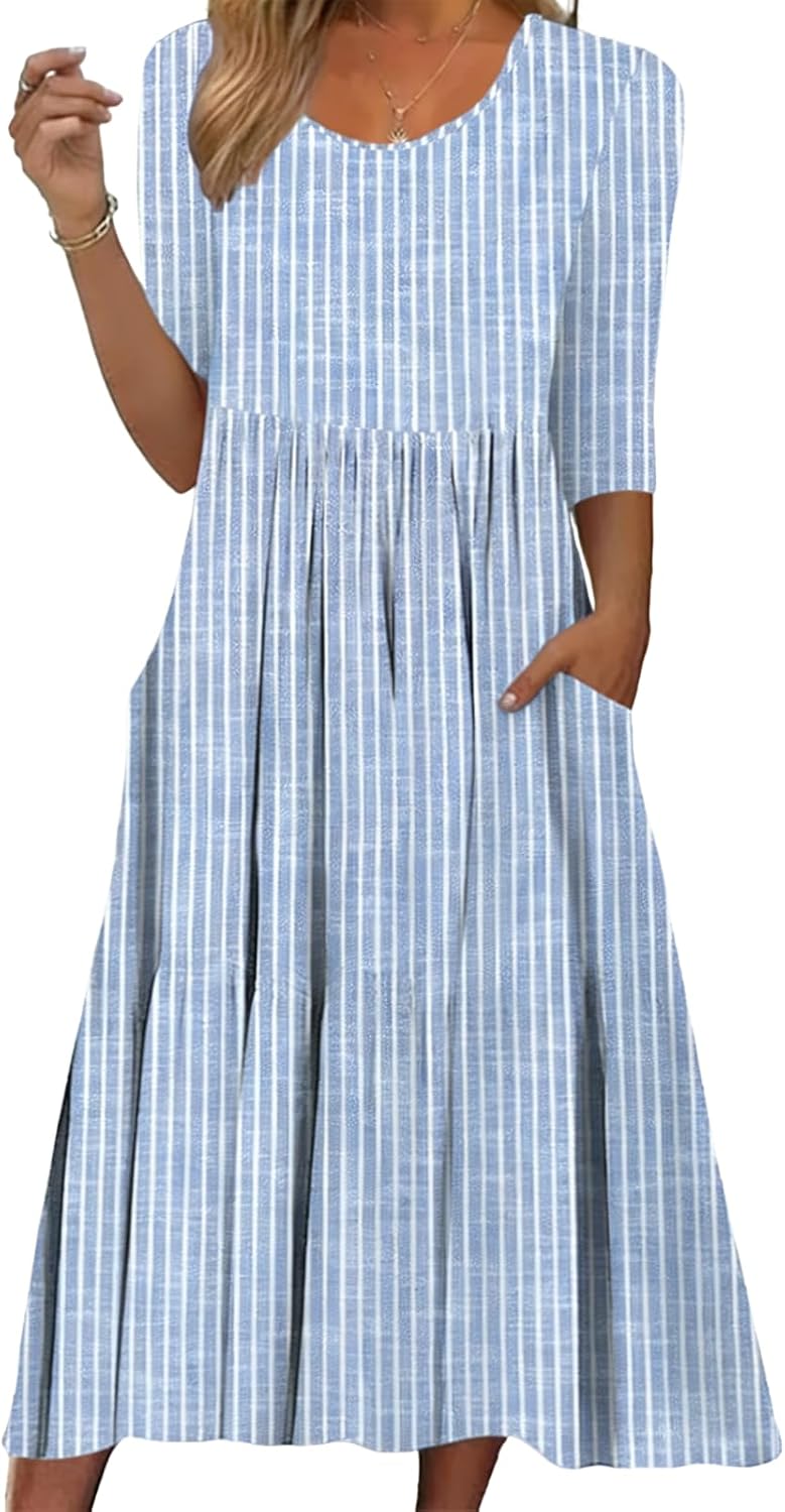 Dressy Dresses for Women Pleated Boho 3 4 Sleeve Midi Dress Side Pockets Flowy A-Line Casual Round Neck