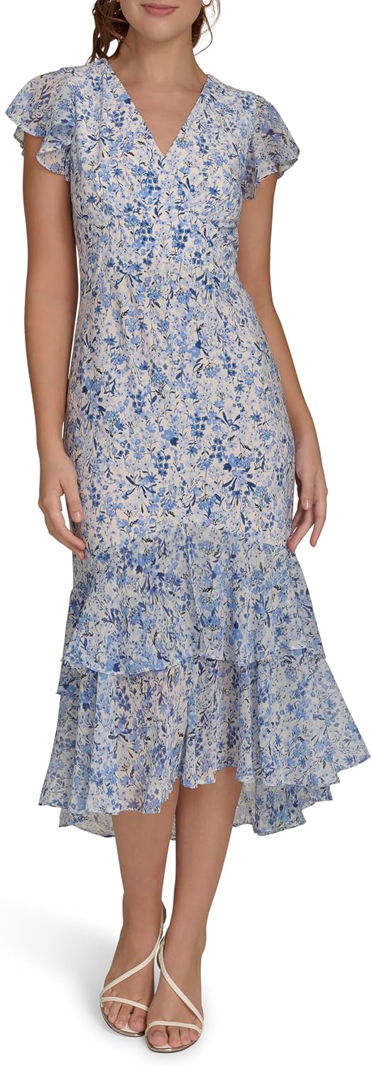 Women's Flutter Sleeve V-Neck Ruffle Trim Hi-Lo Midi Dress