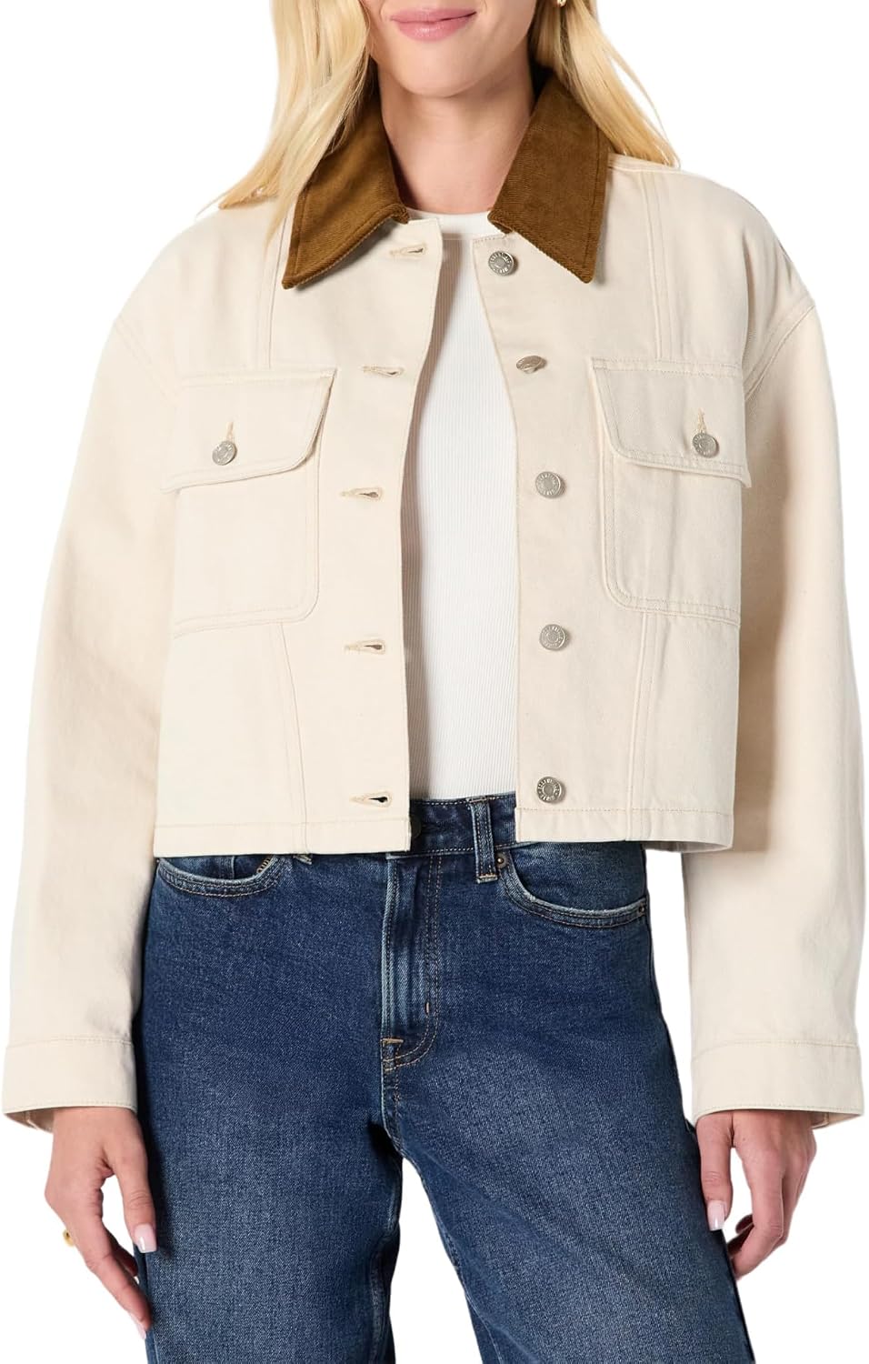 Women's Oversized Cropped Denim Jacket Corduroy Collar