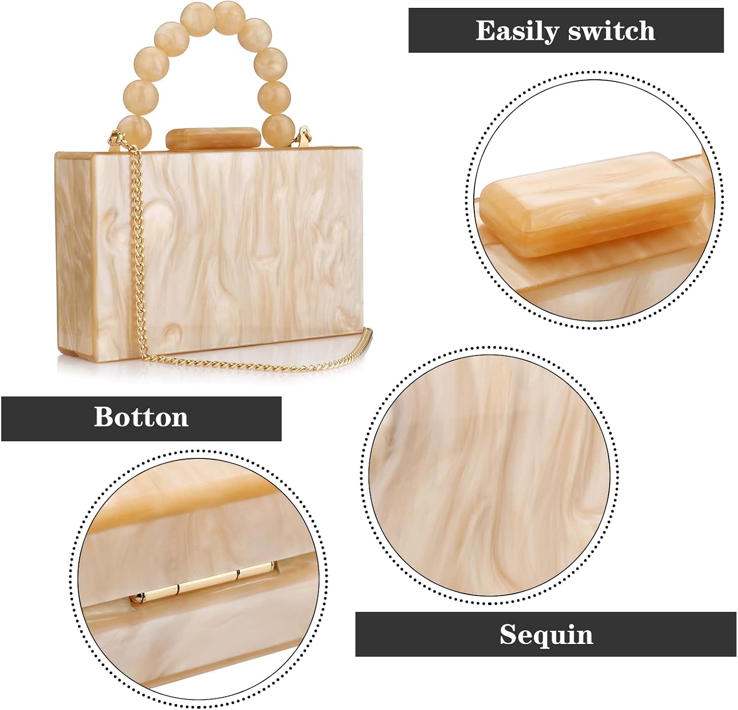 Women's Marble Acrylic Clutch Box Purse with Beaded Handle