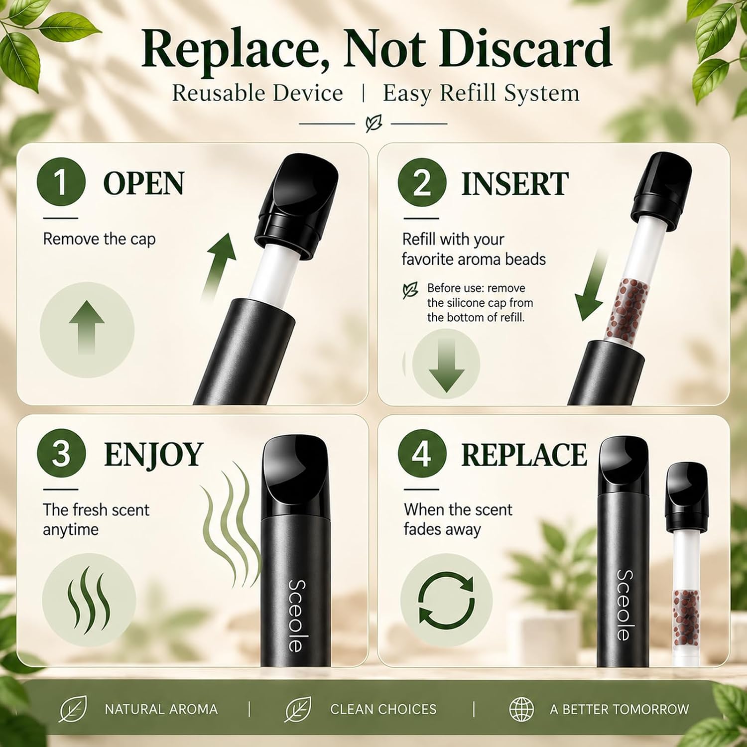 Natural Botanical Aroma Stick with 5 Plant-Based Refill Cores