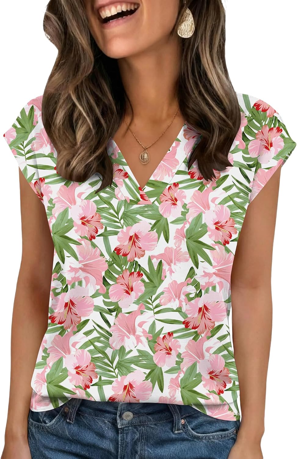 Women's Tropical Floral Print Cap Sleeve Tee Pink