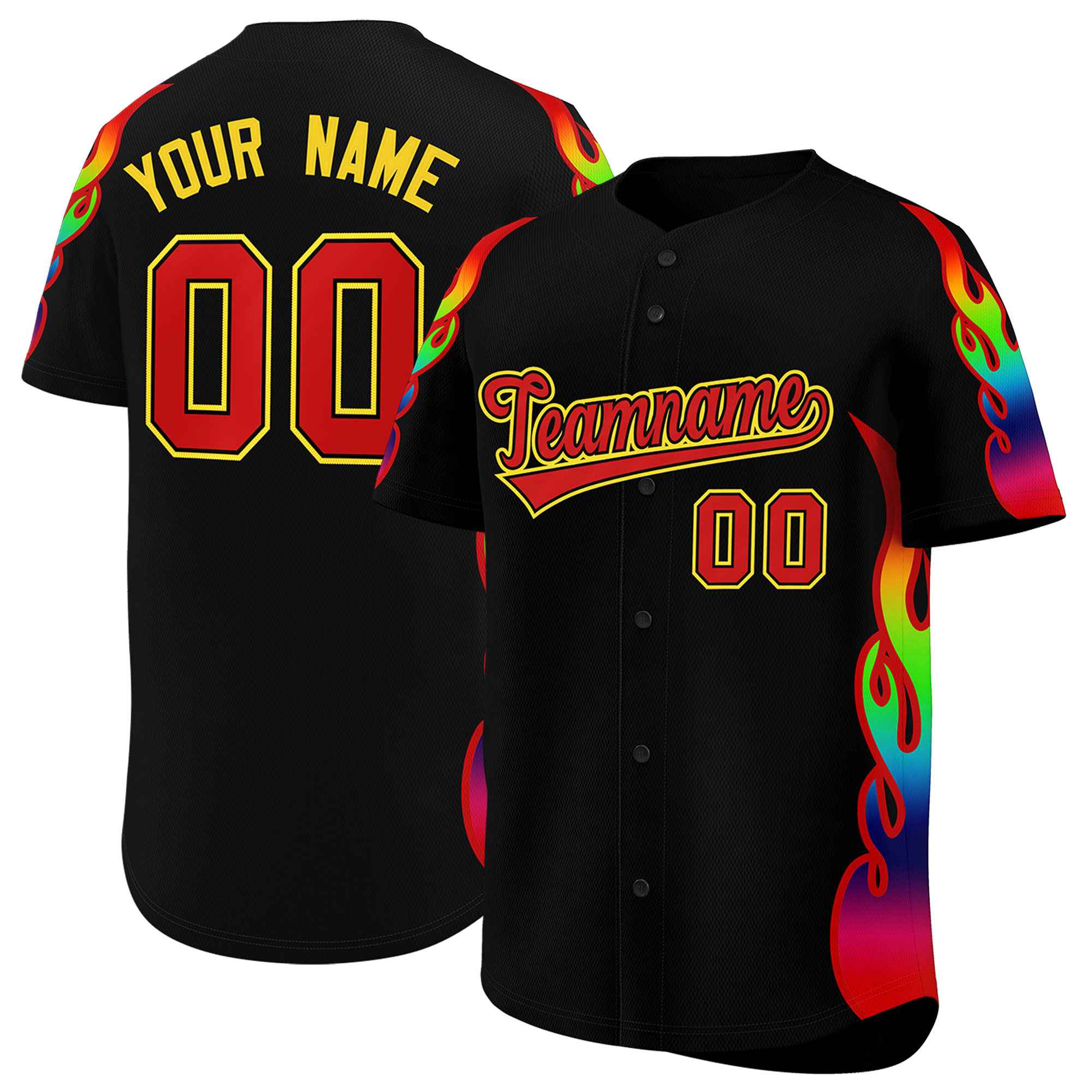 Benutzerdefiniertes Graffiti-Muster, personalisierter mehrfarbiger Flammendruck, authentisches Baseball-Trikot