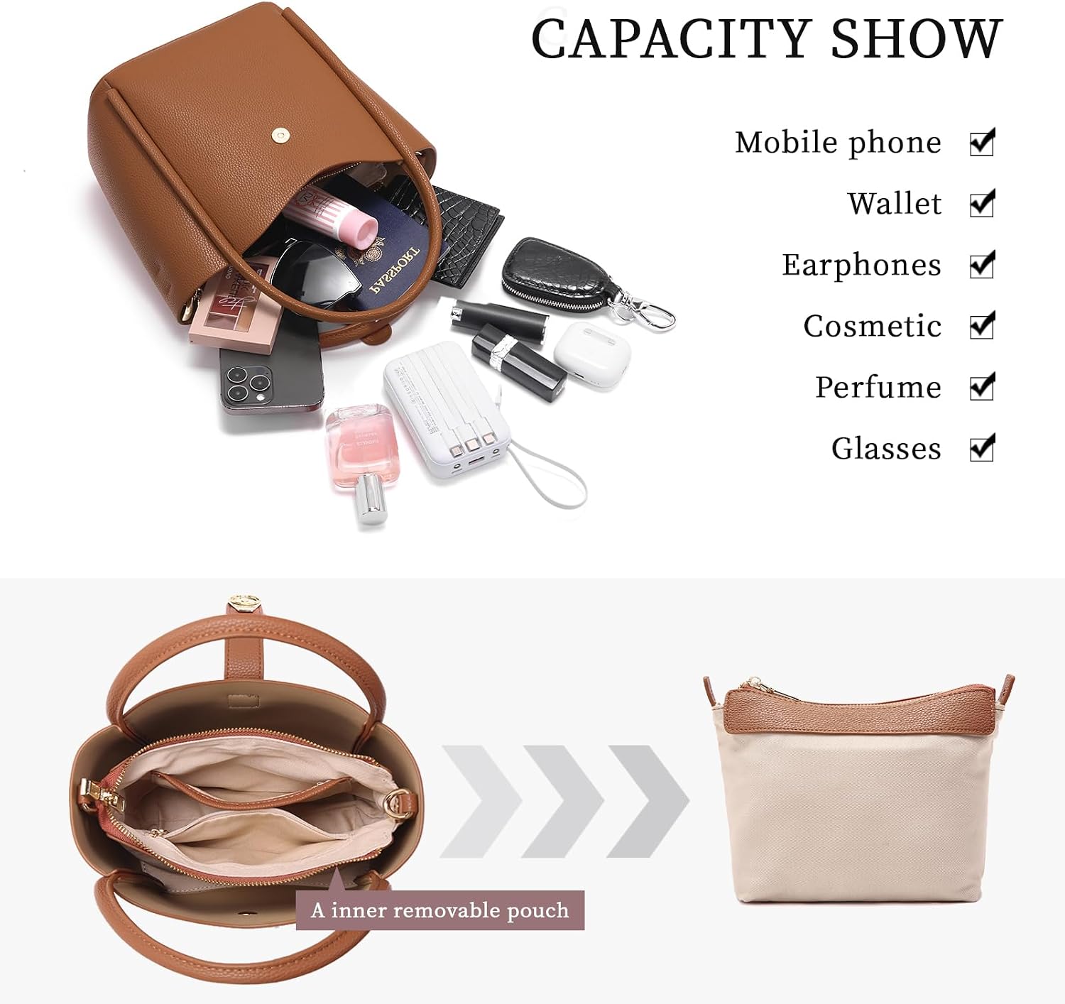 Women's Genuine Leather Bucket Tote Bag Brown