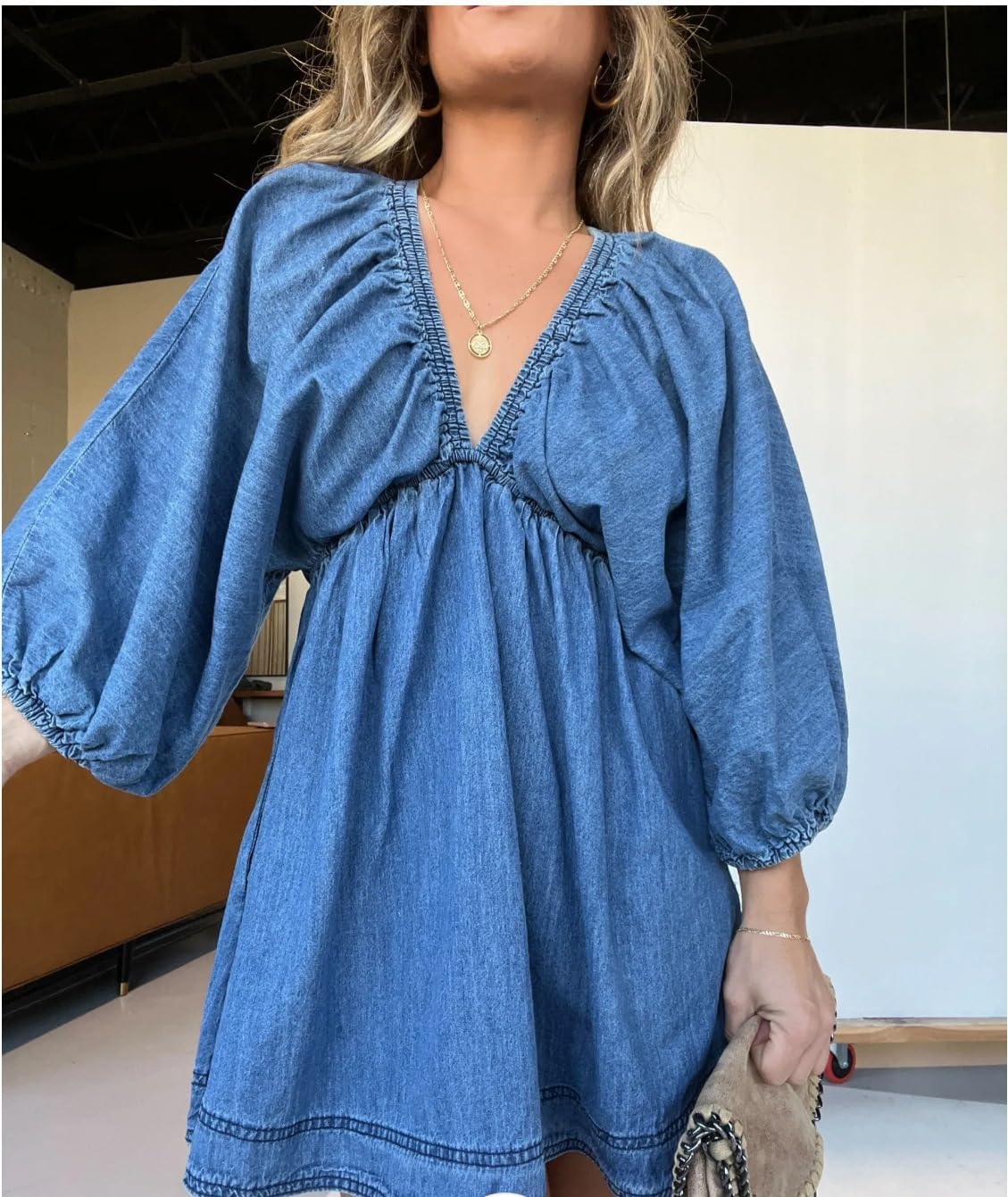 Denim Dress for Women Puff 3 4 Sleeves V Neck Swing A Line Cute Babydoll Mini Jean Dresses