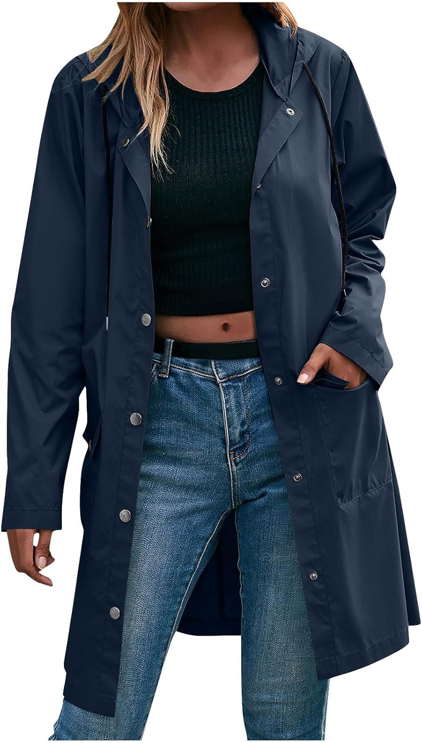 Women Raincoat Waterproof Button Down Long Hooded Trench Coats Fashion Pockets Hiking Travel Windbreaker Rain Jacket