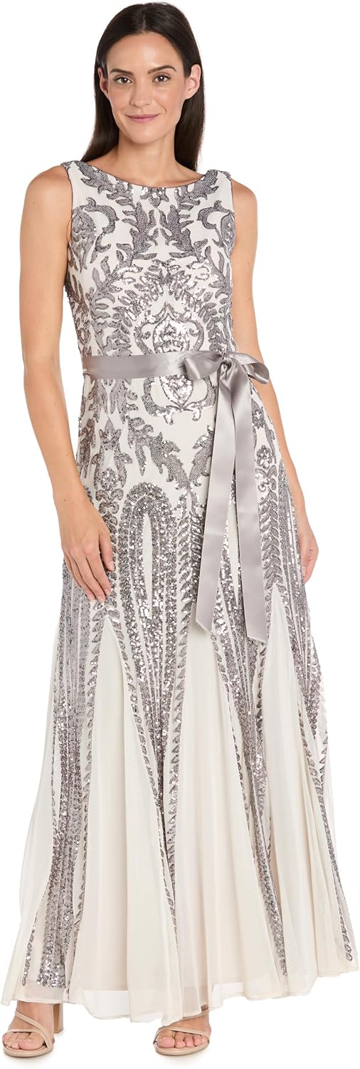 Women's Embellished Art Deco Gown - Elegant Dress W\ Godet Skirt Ribbon Sash for Evening Cocktail Party