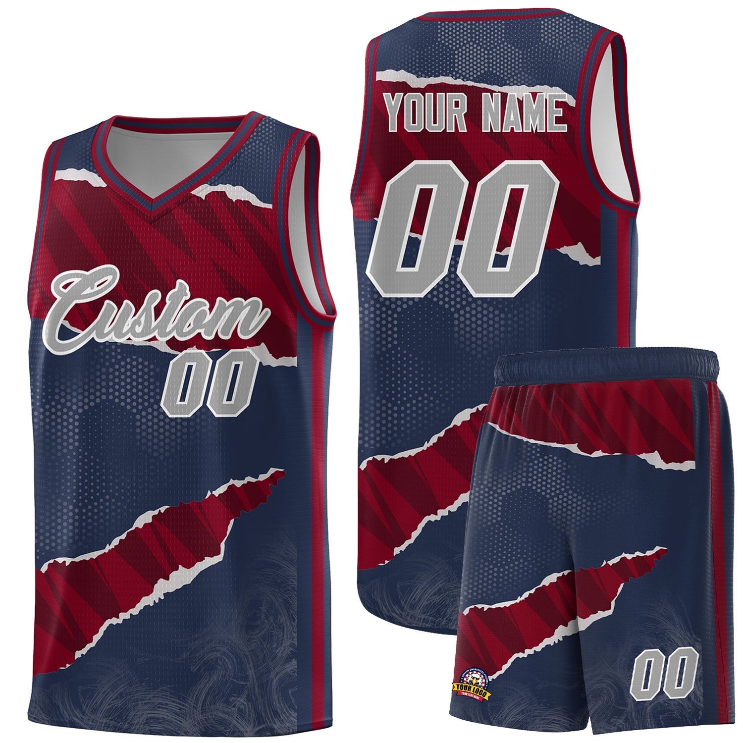 Benutzerdefiniertes Mitternachtsblau-Karminson-Schwarzes Träne-Graffiti-Muster-Sportuniform-Basketballtrikot
