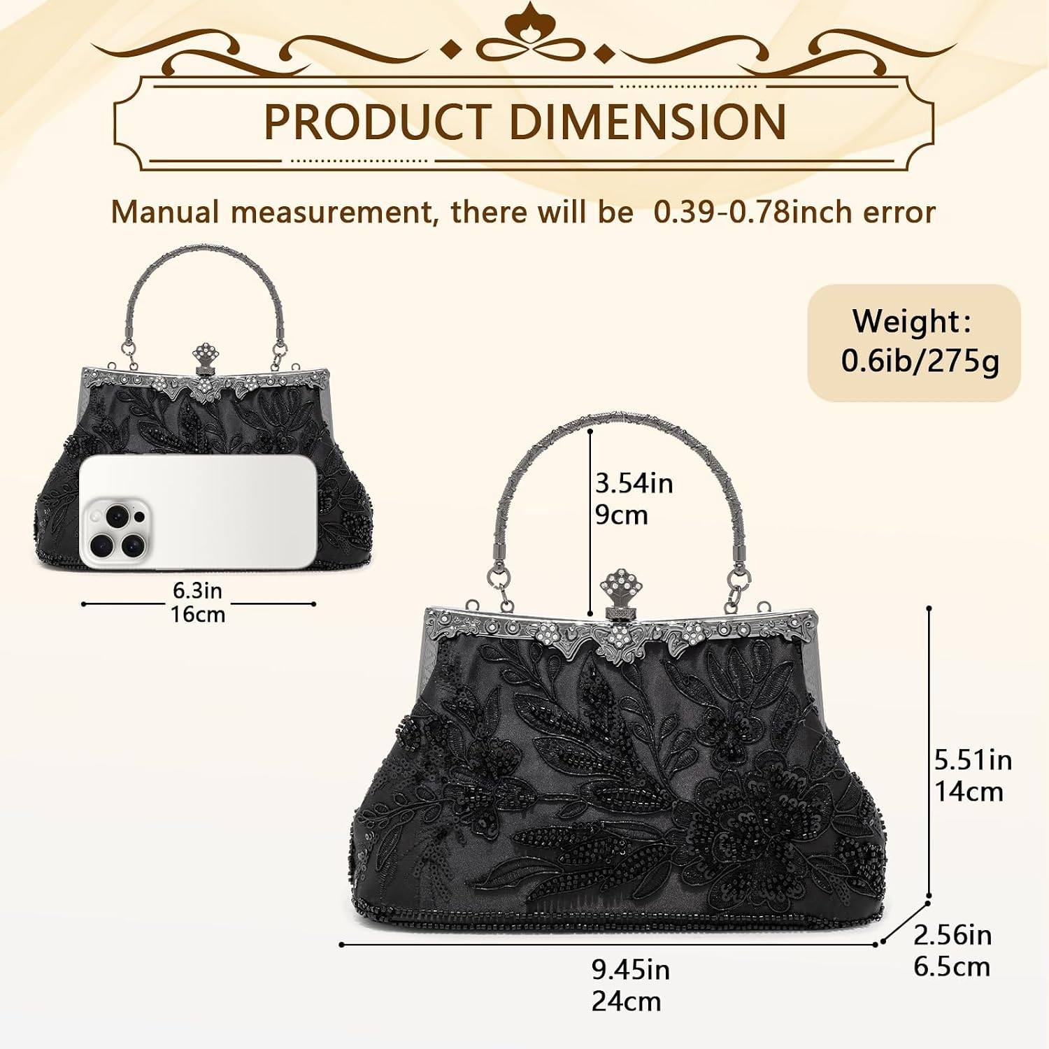 Women's Black Beaded Floral Clutch with Handle and Chain