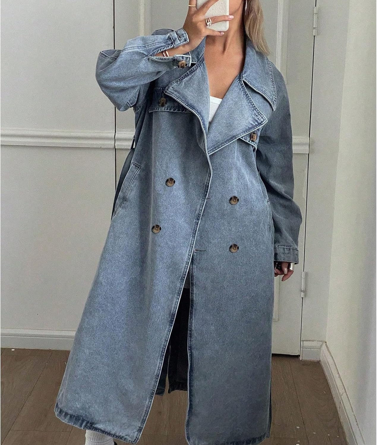 Women's Denim Trench Coat Long Sleeve Lapel Collar Double Breasted Belted Oversized Maxi Jean Jacket Duster Women's Denim Trench Coat Long Sleeve Lapel Collar Double Breasted Belted Oversized Maxi Jean Jacket Duster