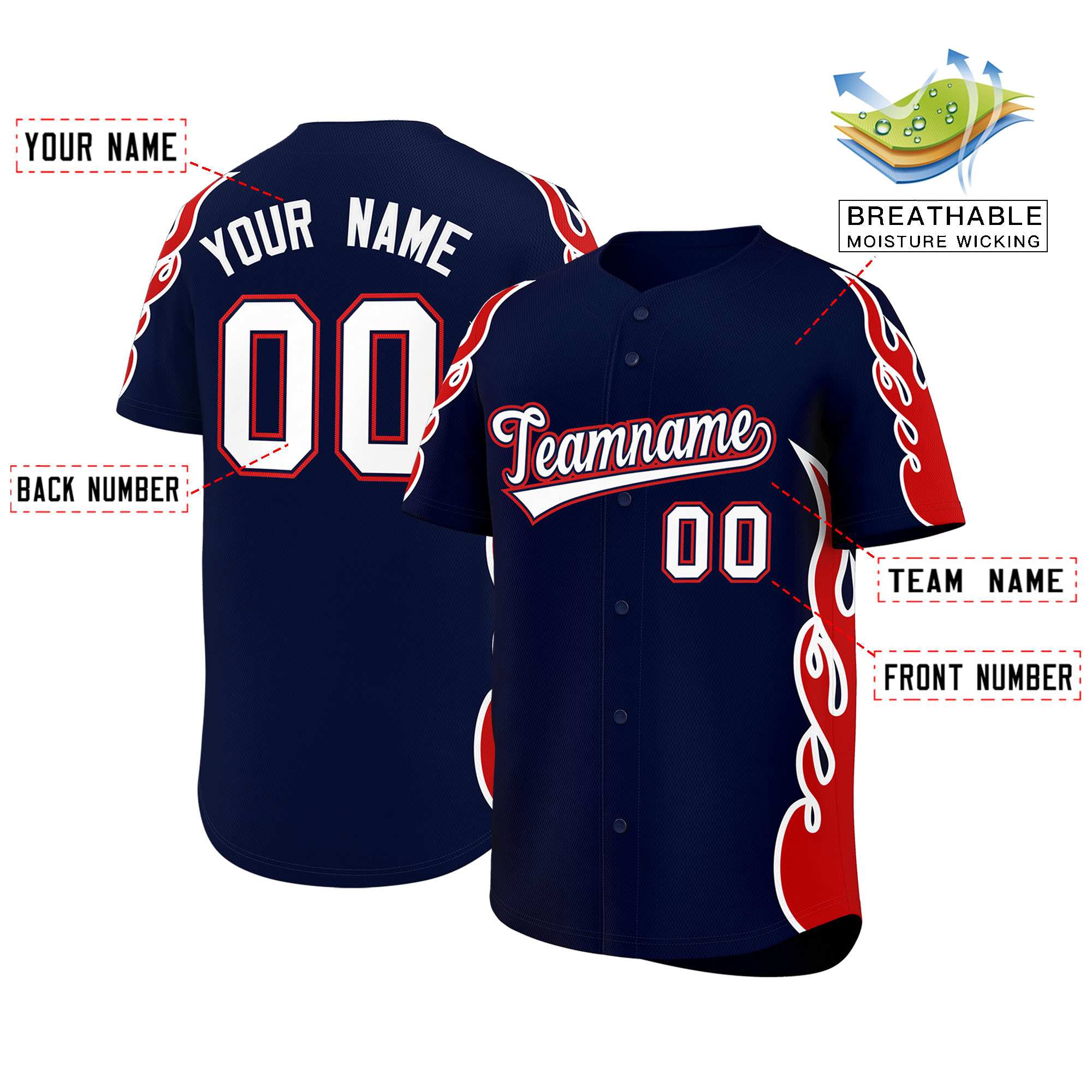 Benutzerdefiniertes Baseball-Trikot mit Seitenflammen-Umrissmuster für Sportuniformen