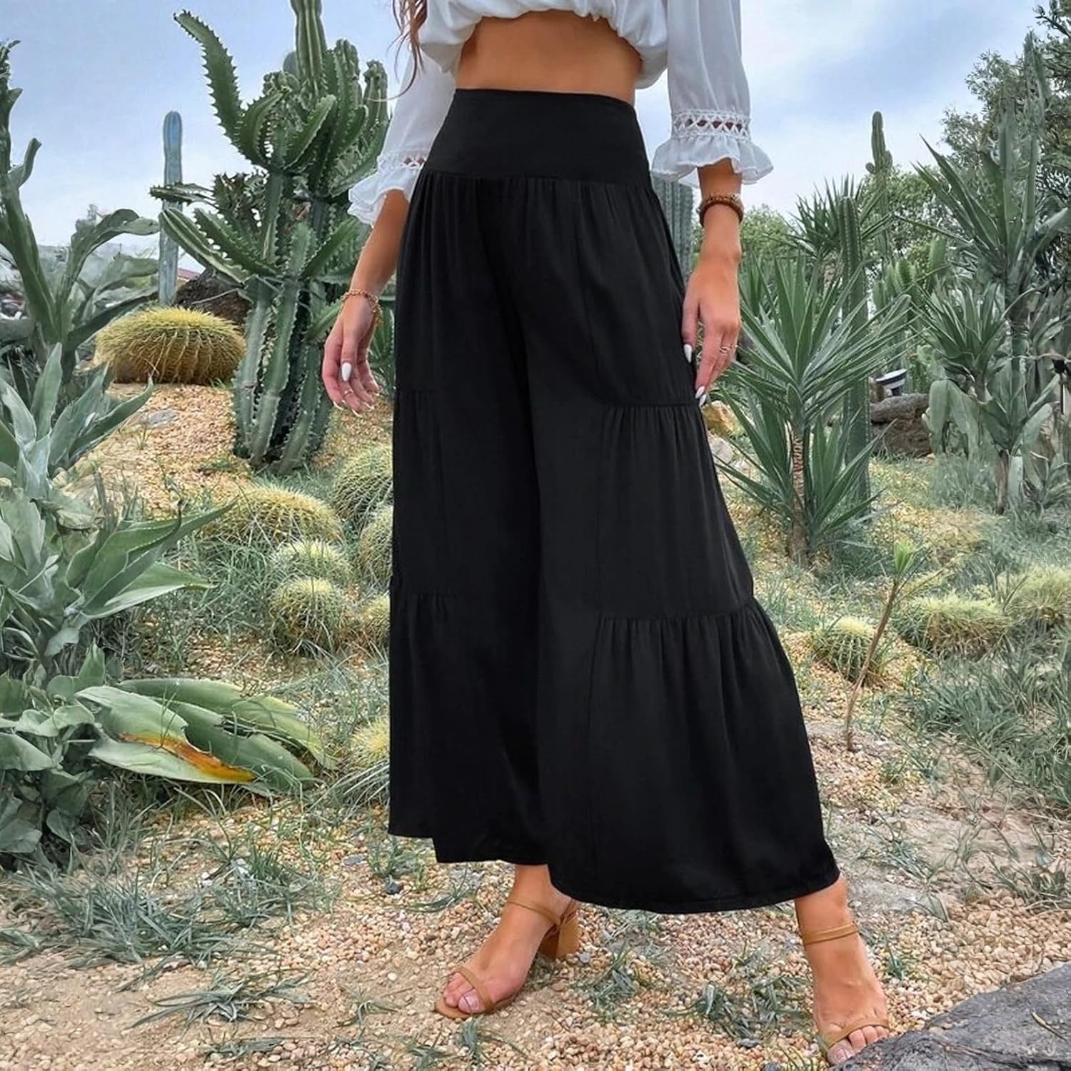 Palazzo Pants for Women Summer Casual Flowy Wide Leg High Waisted Ladies Lightweight Work Pant with Pockets