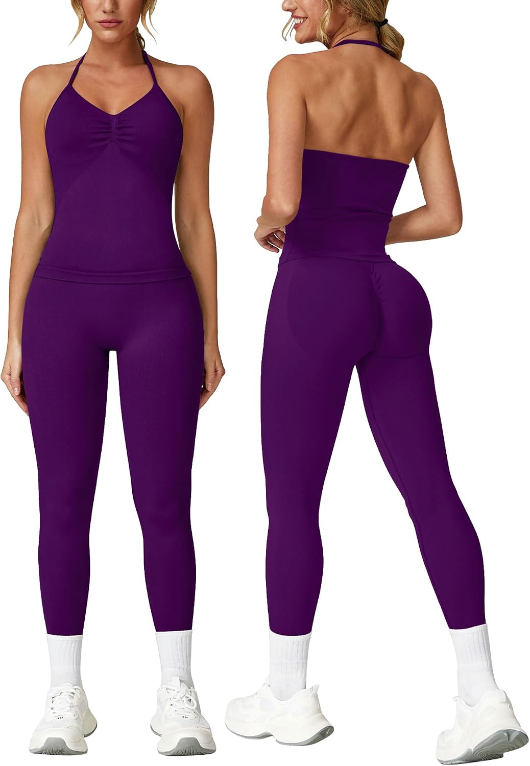 Women's Seamless Workout Set Halter Tank Leggings Purple