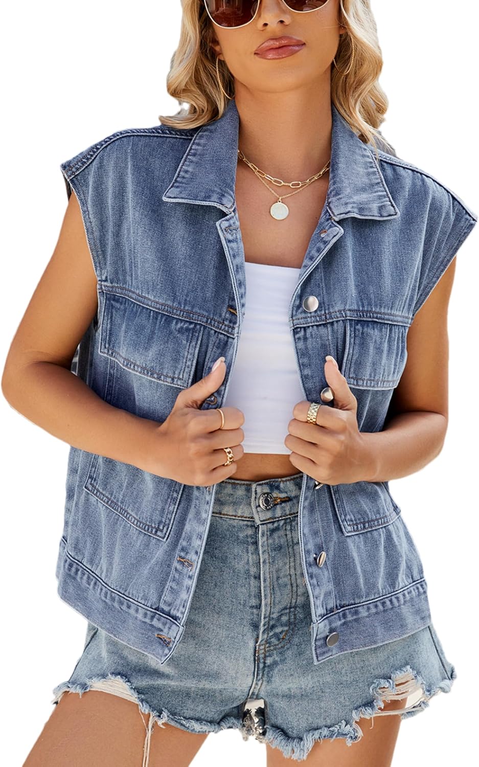 Women's Denim Jean Vest Button Down Casual Flap Pockets