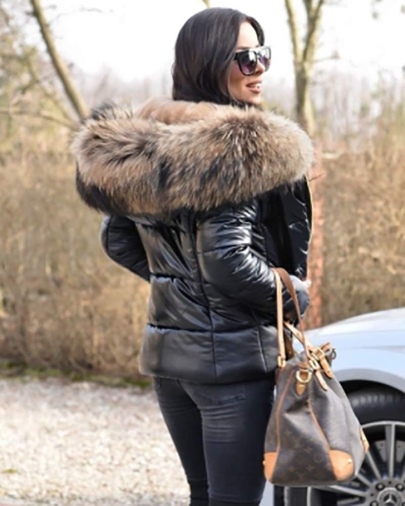 Women's Short Glossy Puffer Jacket Faux Fur Hood Black Women's Short Glossy Puffer Jacket Faux Fur Hood Black