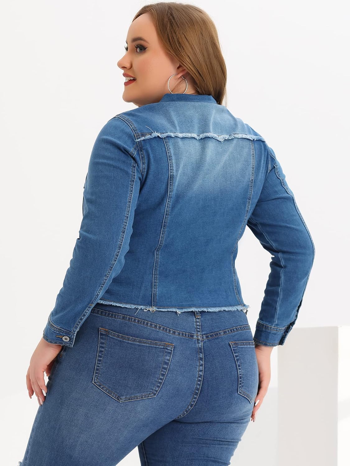 Women's Plus Size Distressed Denim Jacket Raw Hem Women's Plus Size Distressed Denim Jacket Raw Hem